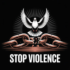 A vector art illustration depicting a broken chain with a dove perched on top, symbolizing the cessation of violence. The chain is fractured and rusted, lying against a stark black background. 