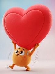 Fototapeta premium A cartoon character struggling to hold up a large red heart shaped pillow