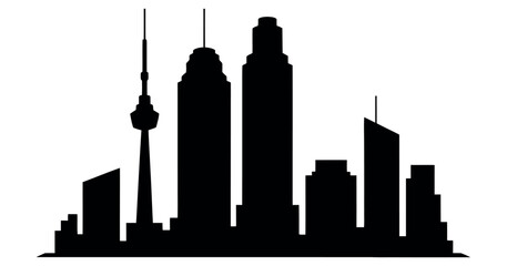 A stylized silhouette depicts a modern city skyline with varied building heights.