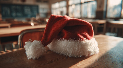 Festive classroom scene featuring a Santa hat resting on a desk, evokes a sense of holiday anticipation in an academic setting. Warm sunlight.