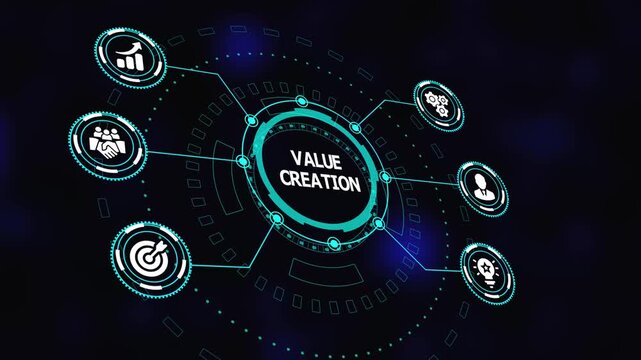 Value creation concept showing global digital network with icons for security, finance, business growth, connectivity and people collaboration.