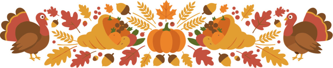 Flat Style Thanksgiving Elements Border with Turkey, Pumpkin and Cornucopia © Robet