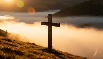 Cross on a hill against a sunset sky. Dramatic, spiritual, and serene scene with warm golden light, symbolizing faith, hope, and reflection.