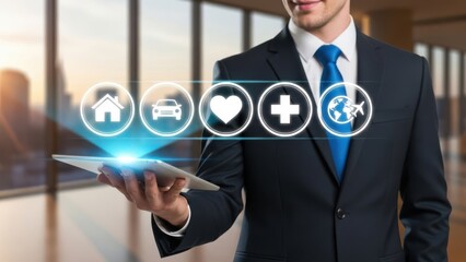 Digital Insurance Services: Businessman holding a tablet with floating icons for life, car, health, and travel protection management