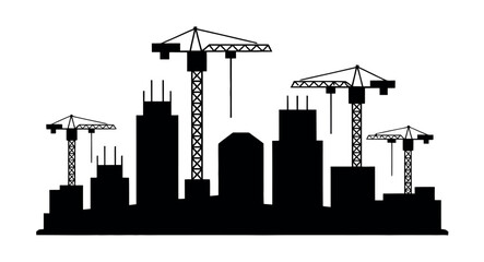Silhouette of a city skyline under construction with multiple cranes.