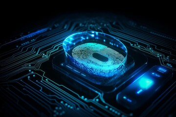 Futuristic pcb with glowing fingerprint, representing cybersecurity, biometric identification, and data protection