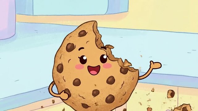 Cheerful bitten chocolate chip cookie mascot waving hello or goodbye, smiling with crumbs and chips falling off, playful kawaii dessert character full of motion and joy