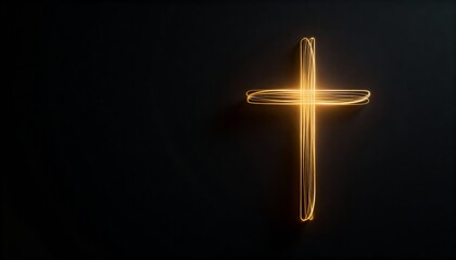 Wooden cross with a gold frame on a black background. Elegant, minimalist, and symbolic design conveying spirituality, reverence, and solemnity.