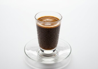 Rich Dark Coffee in Elegant Glass on Clear Plate in Bright Minimalist Setting