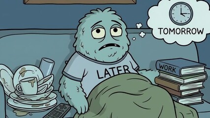 Fluffy blue monster lying on the couch, wearing a later t-shirt, surrounded by dirty dishes and books, thinking about doing chores tomorrow and avoiding responsibilities