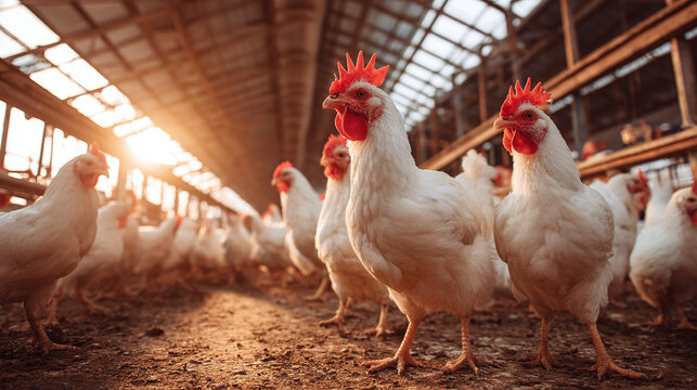 A flock of white-feathered chickens gathers inside a spacious, well-lit poultry house as the sun streams in, creating a warm, natural ambiance.