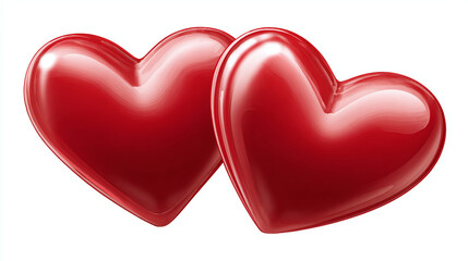 Fototapeta premium Two gleaming red heart shapes symbolize affection and connection, ideal for expressing love, unity, and heartfelt emotions on a pristine white background.