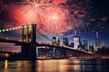 Colorful fireworks exploding over brooklyn bridge and new york city skyline by night
