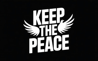 A striking vector illustration showcasing the powerful message "KEEP THE PEACE" in bold, sans-serif typography, rendered in a crisp white against a deep black background. The text is centered 