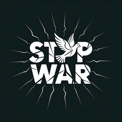 A stark vector illustration depicting the powerful message "Stop War" against a deep black background. A single, fractured dove, rendered in clean, geometric lines, dominates the center of the frame