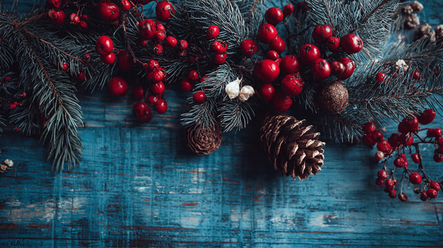 Festive evergreen branches with bright red berries and textured pinecones are beautifully arranged on a rustic blue wooden surface. - Powered by Adobe