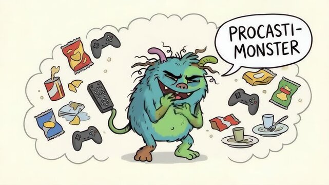 Procrasti-monster cartoon character is surrounded by various distractions like video game controllers. Bags of potato chips. Dirty dishes. And a remote control. Depicting the concept of delaying tasks