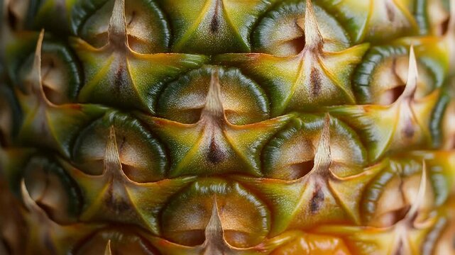 A close-up view of a vibrant pineapple rind, showcasing its textured surface with detailed scales and sharp, spiky protrusions. The colors range from green to yellow