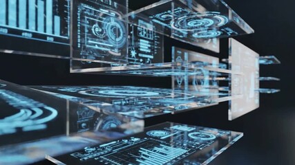 Abstract futuristic digital interface layers displaying glowing blue holographic data charts and futuristic technology concepts - Powered by Adobe