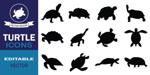 Set of sea turtle vector in silhouette design. Black turtle patterned in tribal design, underwater animal set. Vector illustration.
