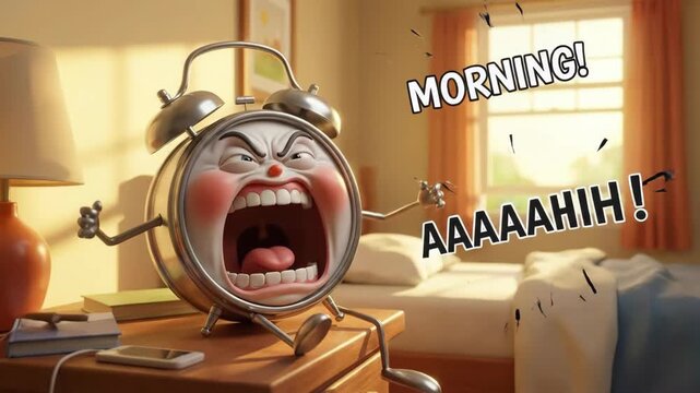 Animated alarm clock screaming and ringing loudly on a nightstand in a bright bedroom, creating a stressful morning wake-up with graphic sound effects