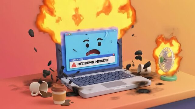 Overloaded cartoon laptop experiencing extreme overheating and system failure, emitting fire and smoke while a desk fan attempts to cool down the struggling device on a messy desk