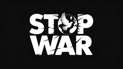 A stark vector art poster advocating for peace with the text "Stop War" prominently displayed. The words are rendered in bold, white, sans-serif font, slightly distressed to convey a sense of urgency 