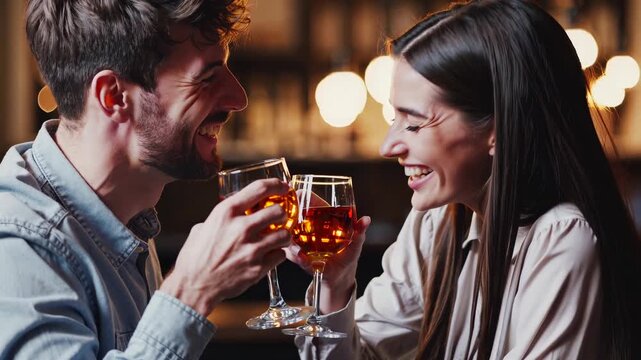 Happy couple enjoying drinks at bar. They celebrate special moment with laughter and joy. Warm atmosphere enhances connection and happiness.