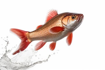 Obraz premium Freshwater fish rutilus rutilus, common roach, jumping and splashing out of water, isolated on white background