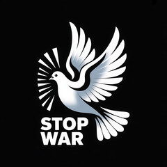 A vector art poster declaring "Stop War" against a stark black background. A single, stylized dove, rendered in smooth gradients of white and gray, is positioned slightly off-center