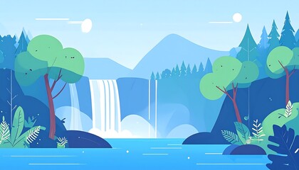 Blue-hued cartoon landscape with cascading waterfalls, evergreen trees, and mountains