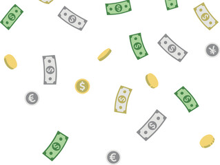 Flat Design Money Currency Rain Illustration with Dollar Euro Yen Coins