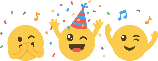 Cheerful Party Emoji Set Illustration With Music Note and Confetti