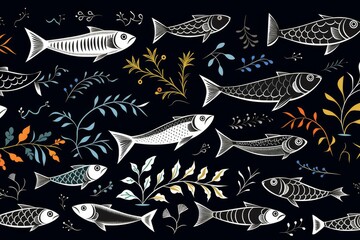 Obraz premium Seamless pattern with decorative fishes and seaweeds swimming in dark water, creating an elegant and stylish design
