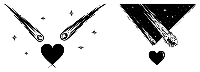 Shooting stars and comets aiming at a heart tattoo style vector illustration celestial romance set © Luka