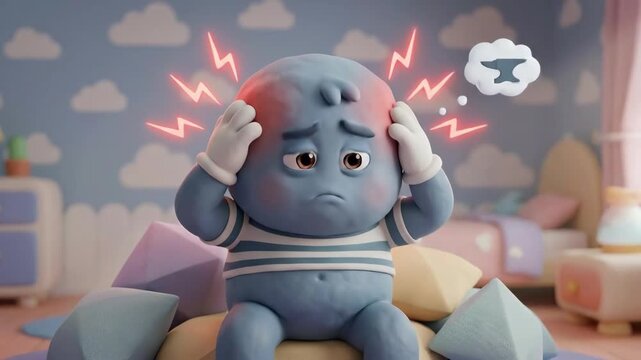 Blue-headed cartoon character clutching temples in severe pain, red lightning bolts from temples and an anvil thought bubble above, conveying migraine, headache and distress