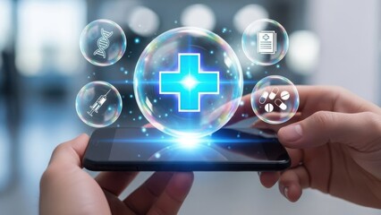 Mobile Medical Protection: Person holding a smartphone with a glowing blue cross bubble and healthcare icons for digital pharmacy services