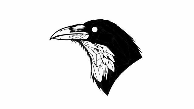 Striking black crow head profile illustration, detailed feathers, stark white background.