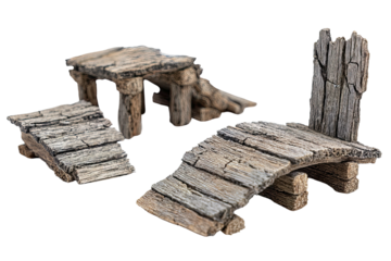 Wooden miniature terrain pieces bridge, stairs, and raised platform
