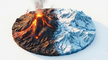 3d isometric round diorama of active volcano and snowy mountain range