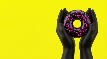 Two black mannequin hands holding black donut with pink sprinkles on yellow background