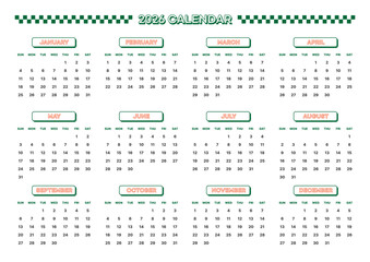 A vibrant 2026 full-year calendar template featuring a sporty green and orange color scheme. Includes a stylish checkered header and clear monthly grids for modern planning and organization.