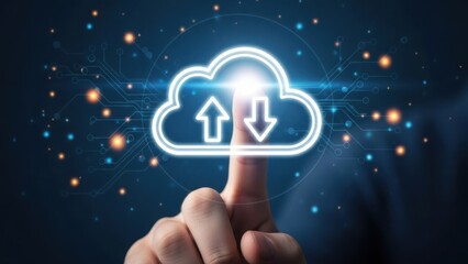 Cloud Storage Synchronization: Finger touching a glowing cloud icon with upload and download arrows for secure digital data file transfer