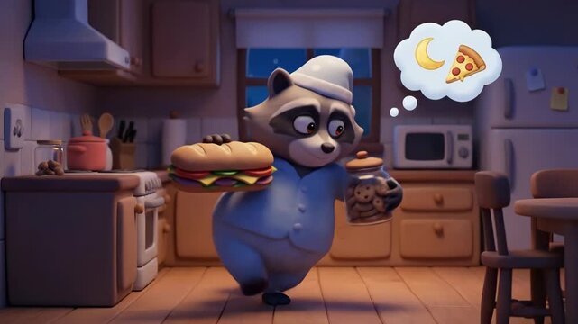 Raccoon, wearing pajamas and a sleeping cap, sleepwalking through a dimly lit kitchen, holding a large sandwich and a jar of cookies, dreaming of pizza and late-night food