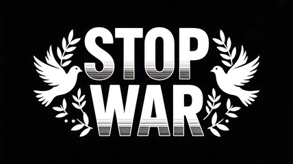 A vector illustration poster advocating for peace with the bold text "Stop War" centered against a stark black background. The text is rendered in a strong, sans-serif font with a subtle gradient 