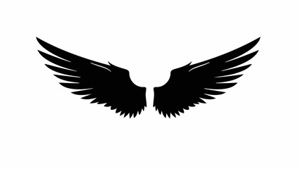Fototapeta premium Bold black angel wings spread wide against a pure white background, symbolizing freedom and power.