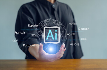 Business professional holding glowing AI processor with global language translation hologram showing multilingual communication including , for artificial intelligence technology.