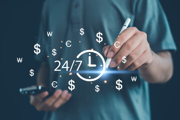 Businessman using digital pen and smartphone with 24-7 clock and global currency symbols for nonstop online banking, fintech solutions, mobile payment, crypto finance, and real time transactions.