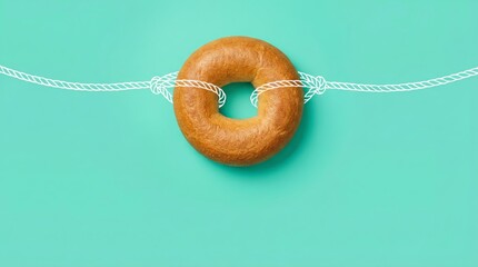 Single plain bagel tied with white sketched rope on turquoise background