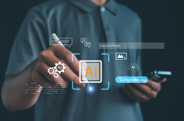 Futuristic AI interface with human hand using digital pen to generate content, showcasing artificial intelligence, automation, command prompt and creative technology concept.